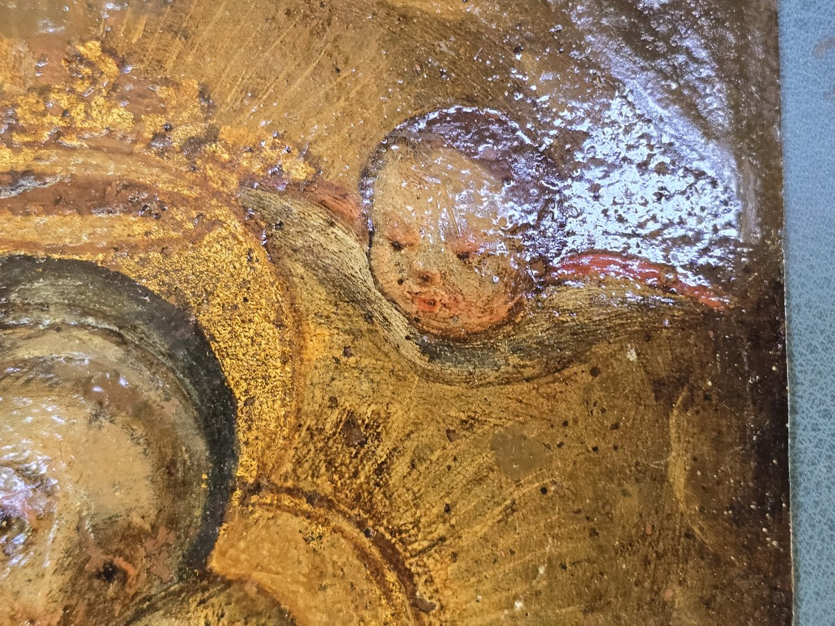 Dipinto religioso antico a olio su rame Madonna e Bambin Gesù.-photo-1