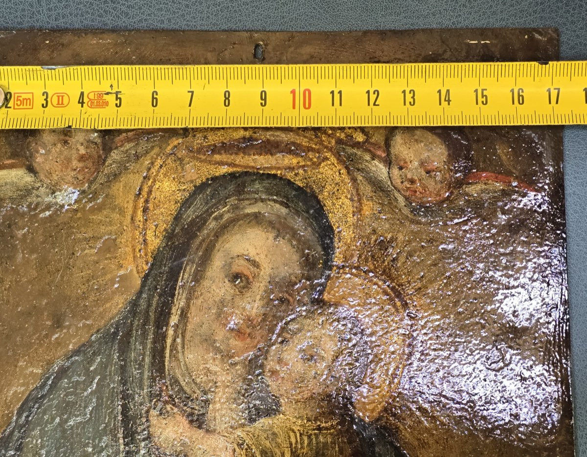 Dipinto religioso antico a olio su rame Madonna e Bambin Gesù.-photo-3