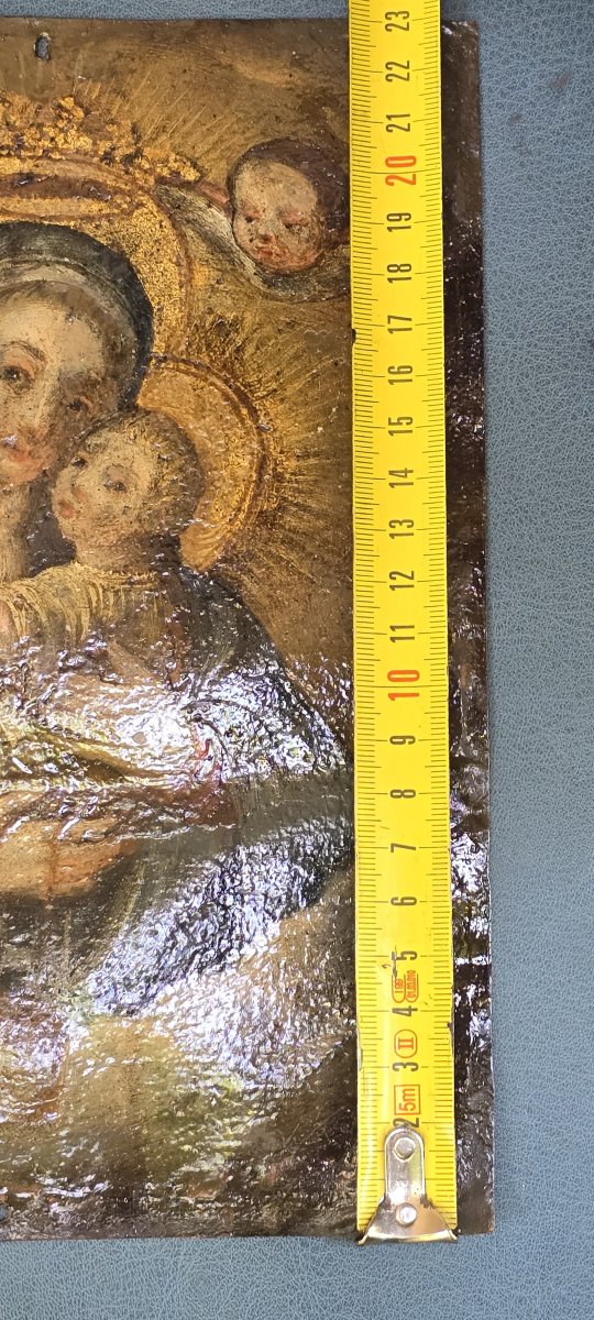Dipinto religioso antico a olio su rame Madonna e Bambin Gesù.-photo-4