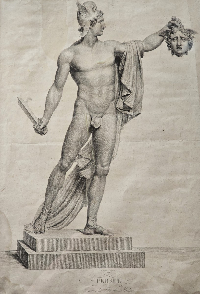 Incisione neoclassica raffigurante Perseo, ispirata all'opera di Canova-photo-2