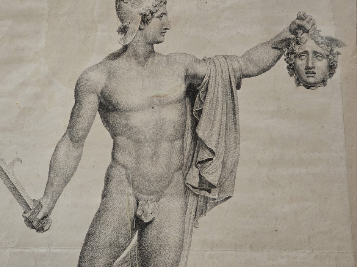 Incisione neoclassica raffigurante Perseo, ispirata all'opera di Canova-photo-3