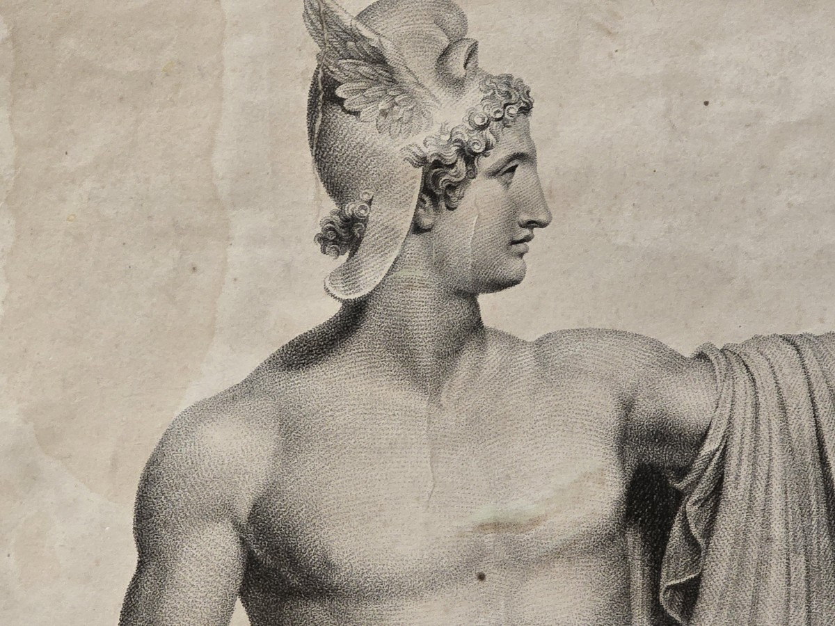 Incisione neoclassica raffigurante Perseo, ispirata all'opera di Canova-photo-4