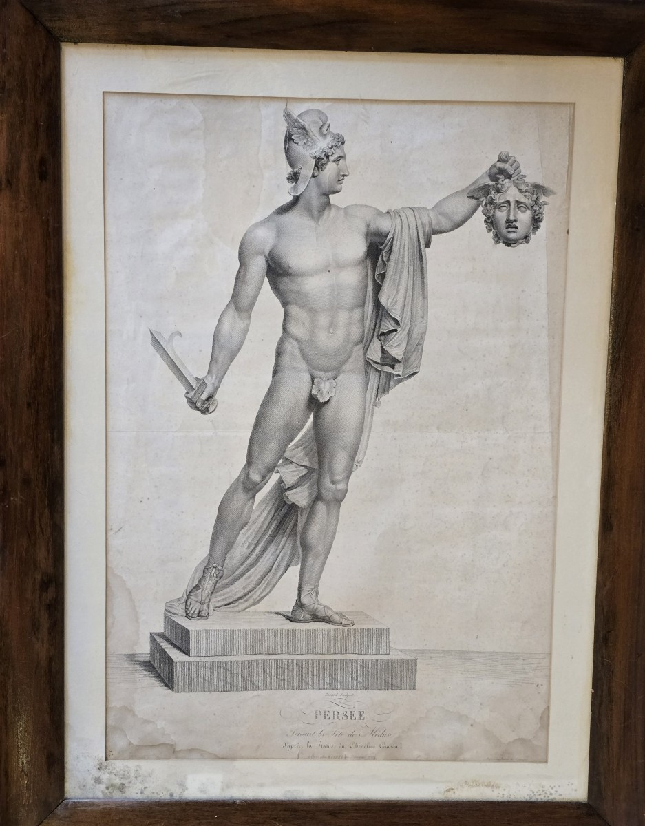 Incisione neoclassica raffigurante Perseo, ispirata all'opera di Canova