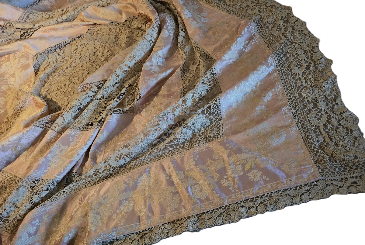 Grande copriletto Liberty in seta e pizzo, 280x270 cm-photo-2