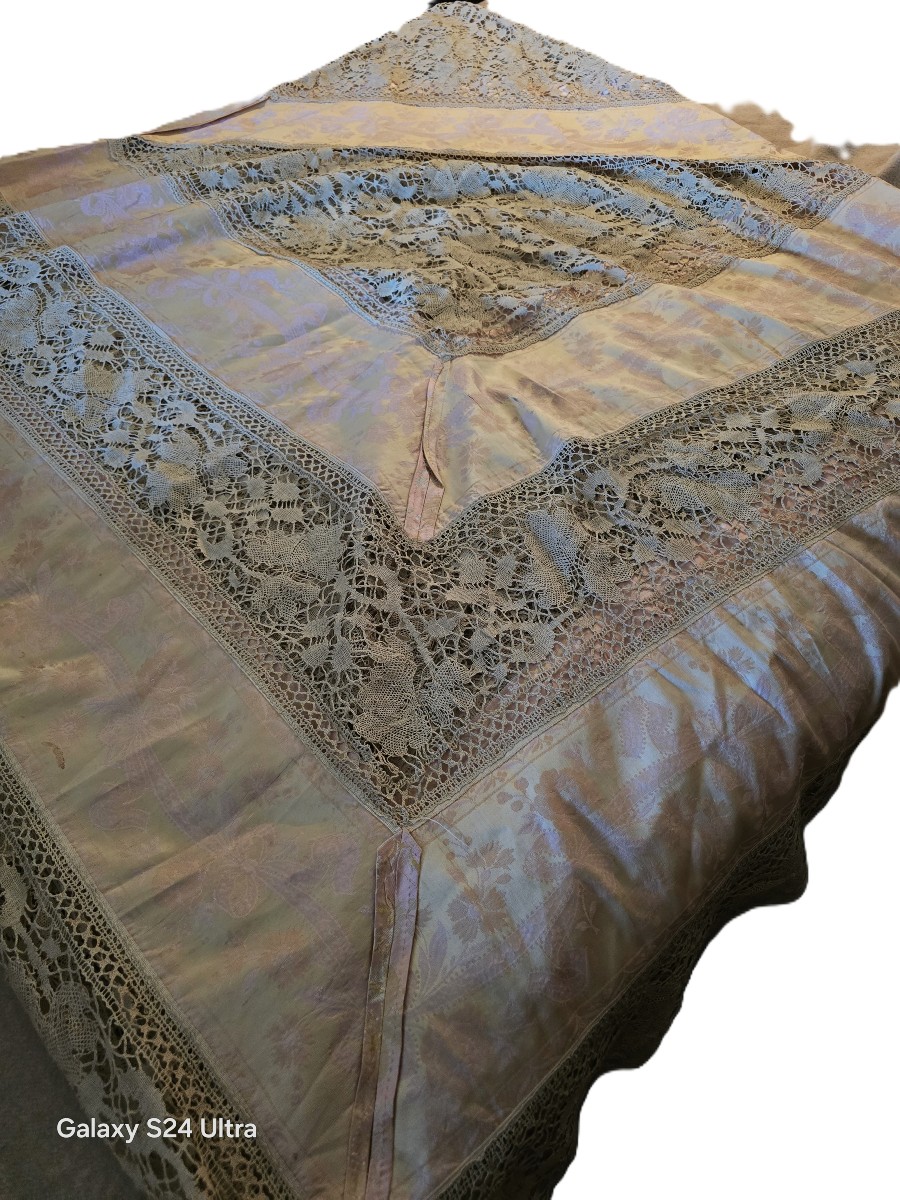 Grande copriletto Liberty in seta e pizzo, 280x270 cm-photo-3