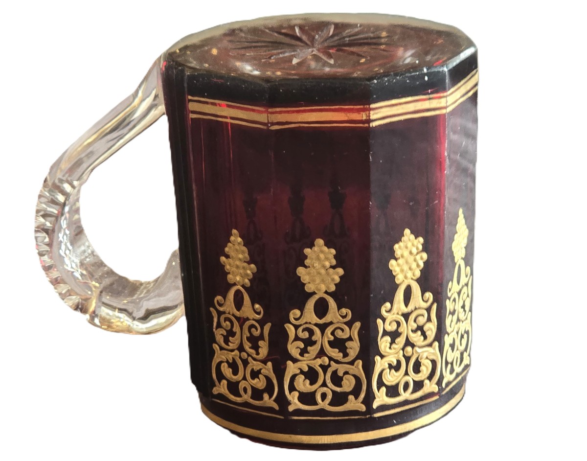Antico boccale da birra in cristallo di Boemia rosso -photo-2