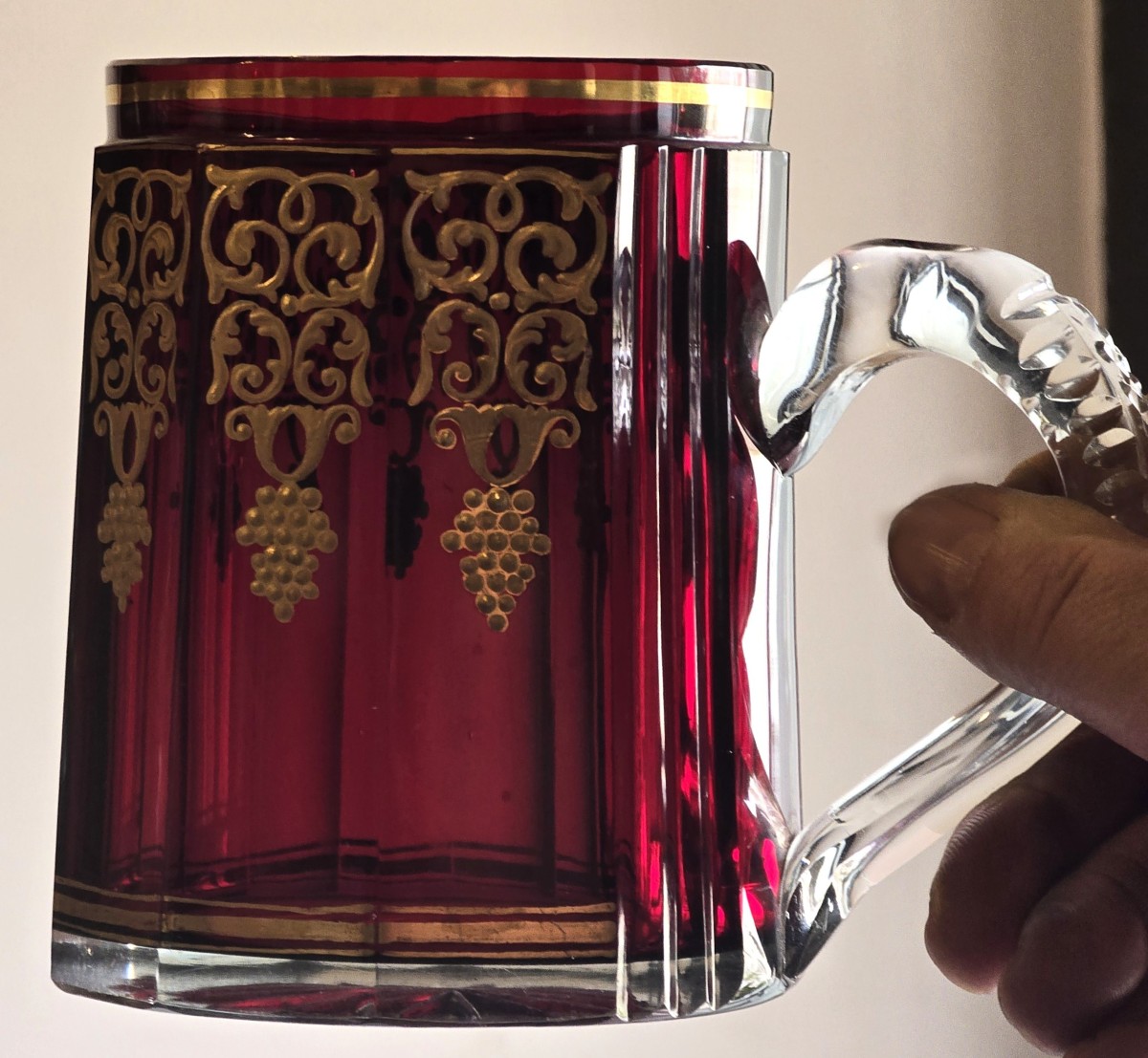 Antico boccale da birra in cristallo di Boemia rosso -photo-2