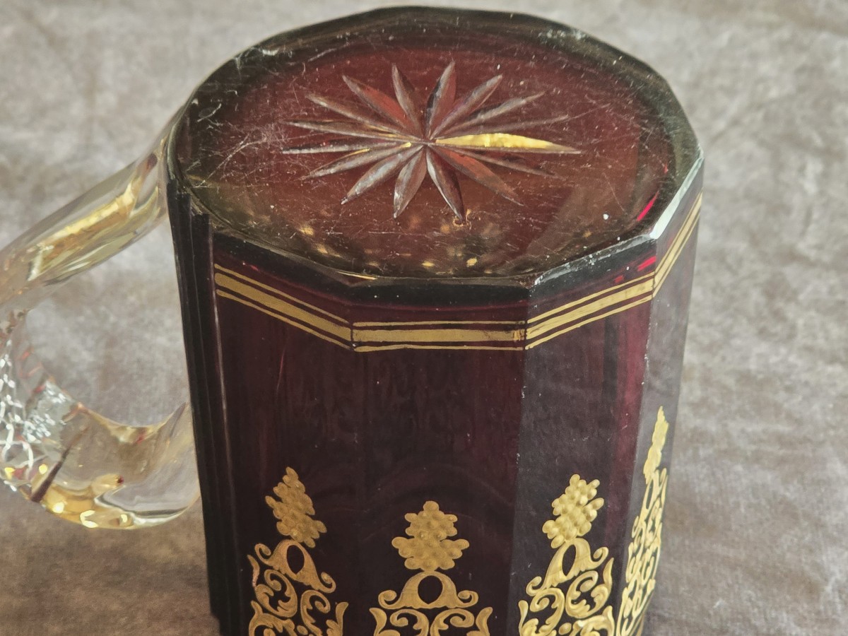Antico boccale da birra in cristallo di Boemia rosso -photo-6