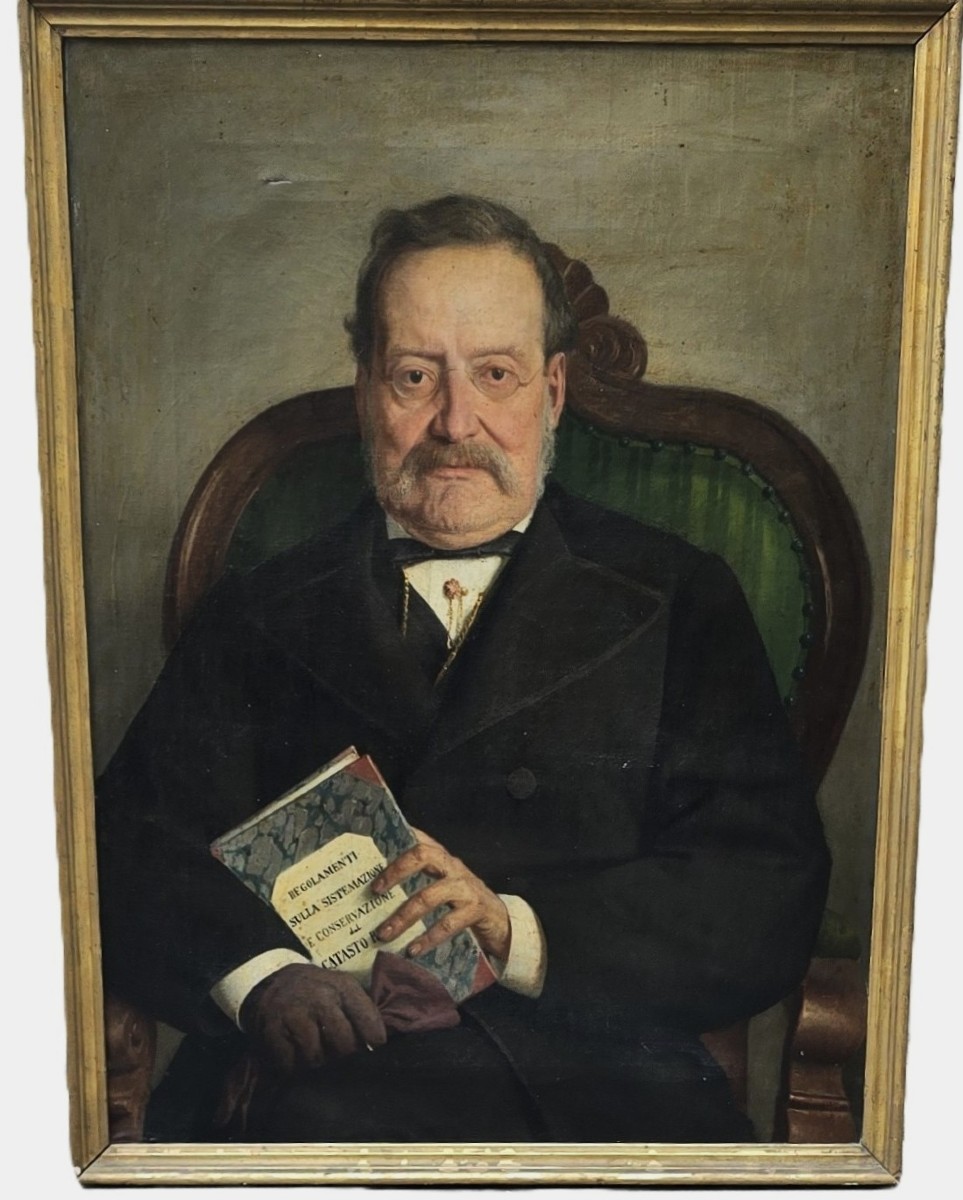 Dipinto a olio su tela del XIX secolo, ritratto di un borghese, artista Giulio Cantalamessa-photo-2