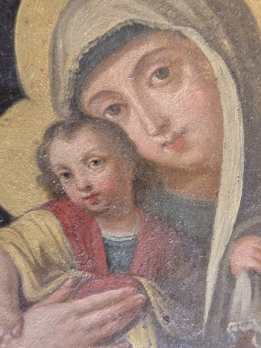 Dipinto antico a olio su rame raffigurante la Vergine con il Bambino Gesù, con cornice dorata-photo-3
