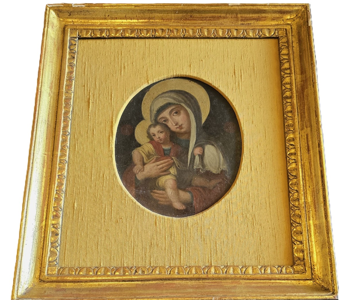 Dipinto antico a olio su rame raffigurante la Vergine con il Bambino Gesù, con cornice dorata
