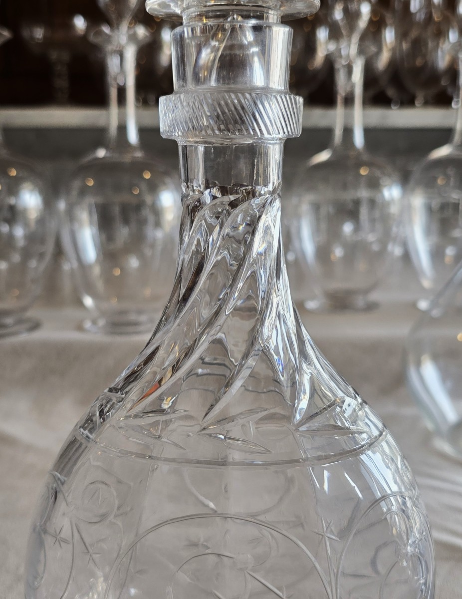 Antica bottiglia decanter in cristallo inciso, attribuita a Baccarat-photo-4