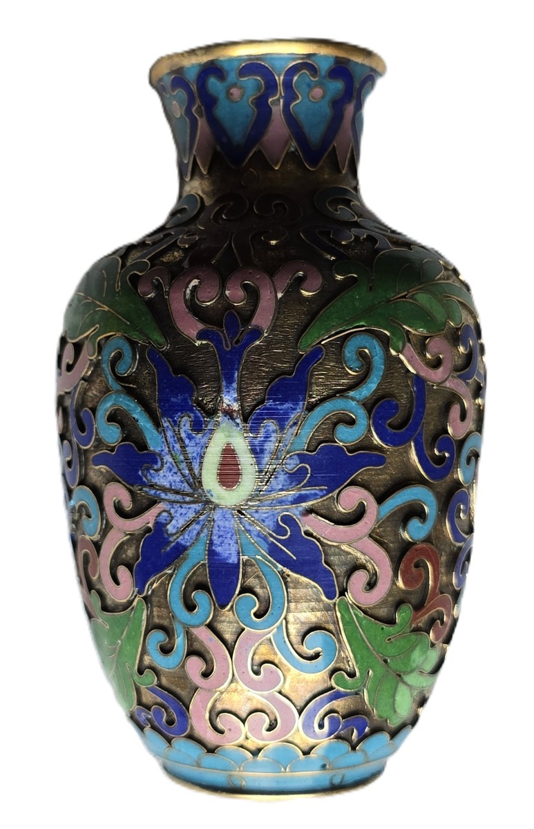 Quattro antichi vasi cloisonné in smalto policromo su struttura in ottone-photo-4