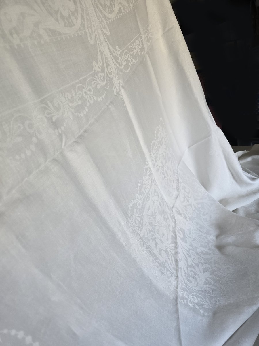 Antica tovaglia in damasco di lino delle Fiandre, 190x320 cm-photo-2