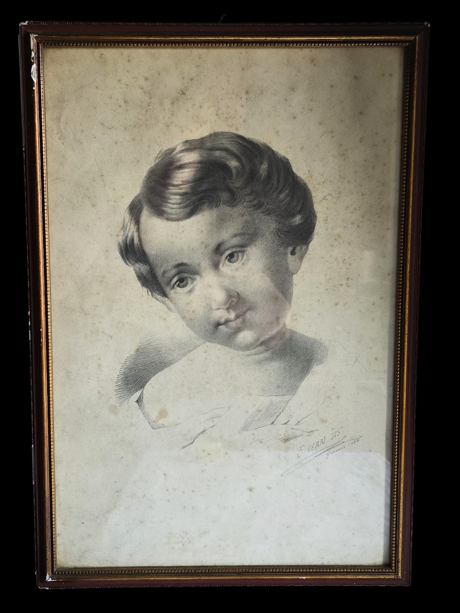 Coppia di disegni, ritratti di bambini, XIX secolo, firmati-photo-2