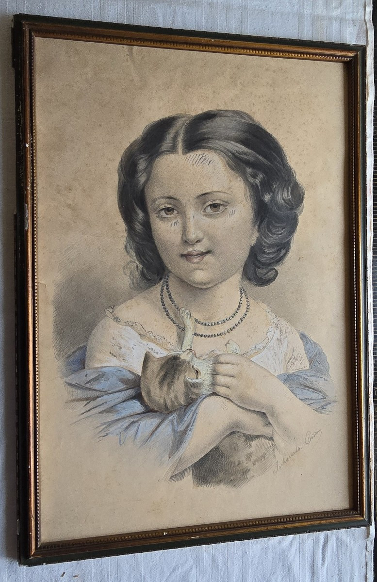 Coppia di disegni, ritratti di bambini, XIX secolo, firmati-photo-3