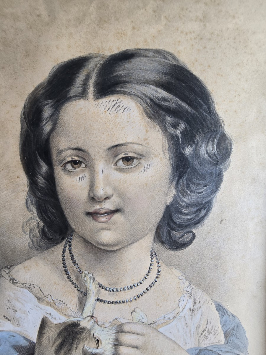 Coppia di disegni, ritratti di bambini, XIX secolo, firmati-photo-4