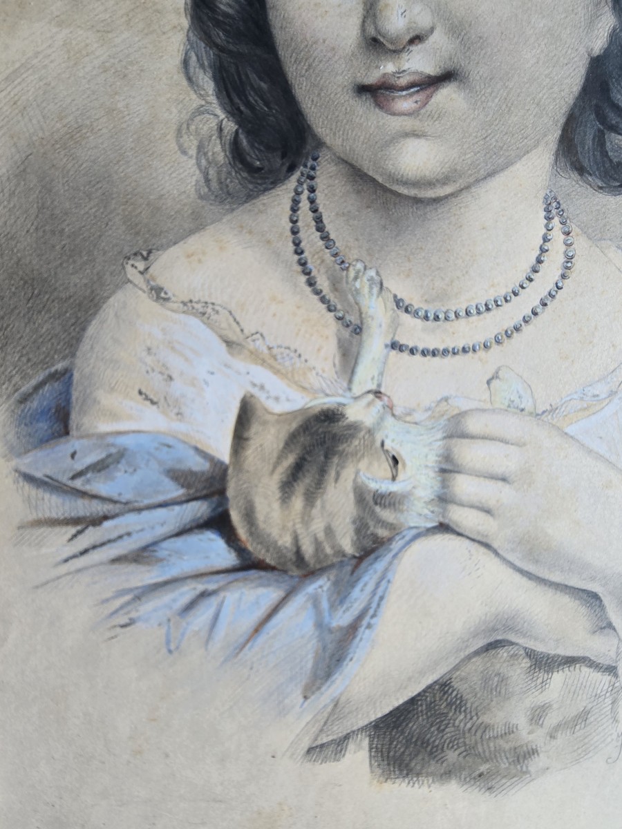 Coppia di disegni, ritratti di bambini, XIX secolo, firmati-photo-1