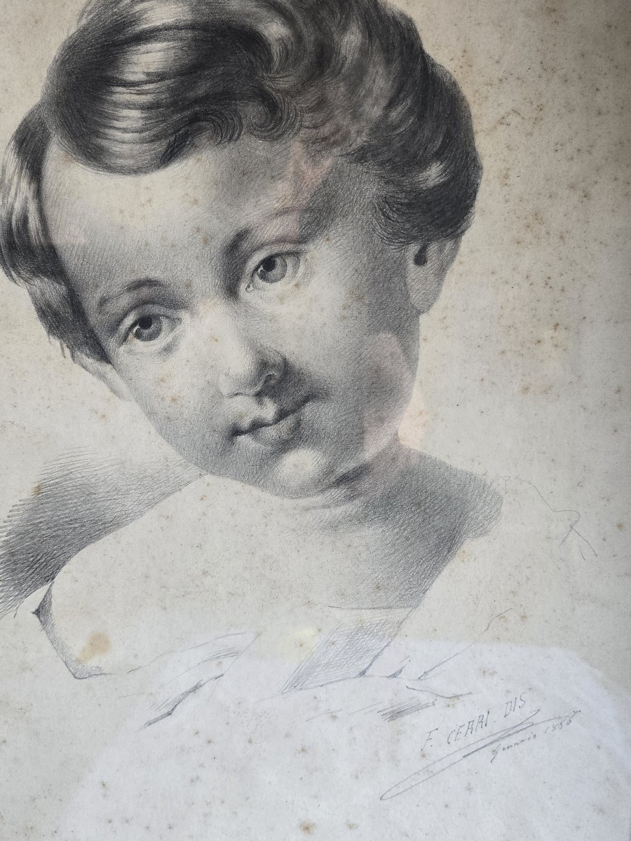 Coppia di disegni, ritratti di bambini, XIX secolo, firmati-photo-3