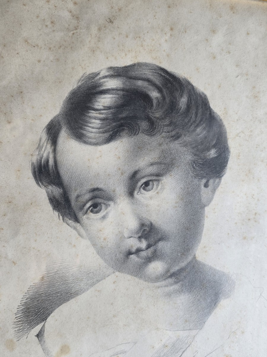 Coppia di disegni, ritratti di bambini, XIX secolo, firmati-photo-4