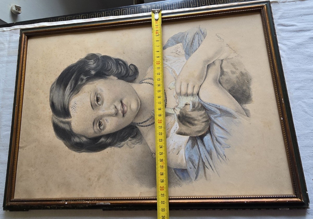 Coppia di disegni, ritratti di bambini, XIX secolo, firmati-photo-6