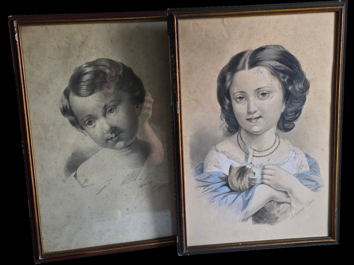 Coppia di disegni, ritratti di bambini, XIX secolo, firmati