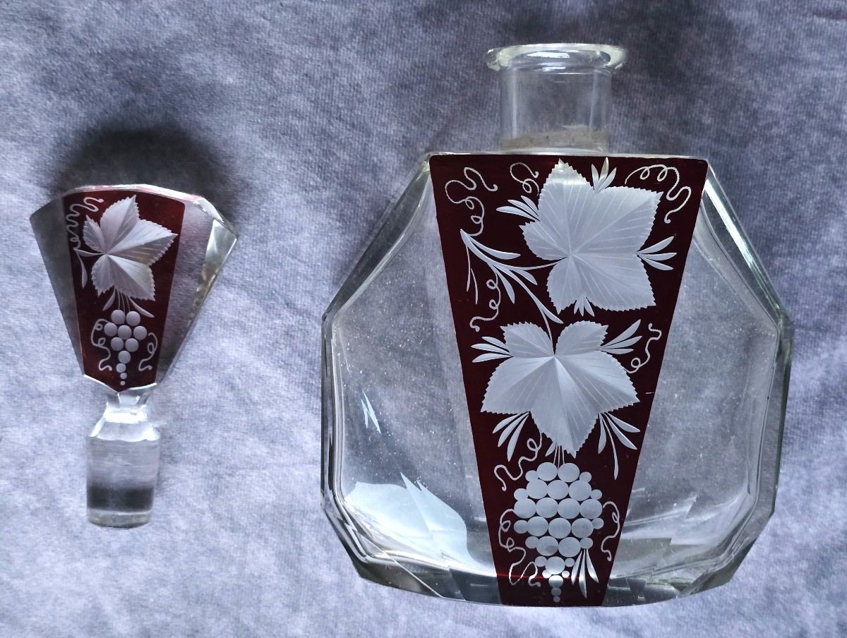 Antica bottiglia da liquore Art Deco in cristallo di Boemia, Karl Palda anni '30-photo-4