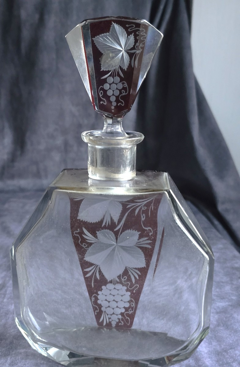 Antica bottiglia da liquore Art Deco in cristallo di Boemia, Karl Palda anni '30-photo-2