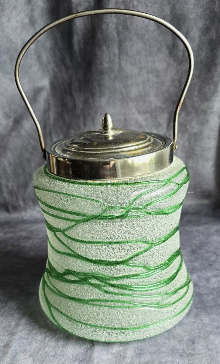 Antico secchiello per biscotti ivetro boemo Pallme‑Konig,  decoro  filigrana verde – circa 1900-photo-2