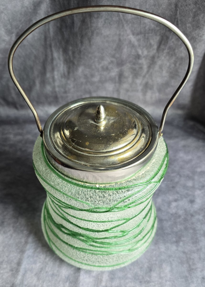 Antico secchiello per biscotti ivetro boemo Pallme‑Konig,  decoro  filigrana verde – circa 1900-photo-3