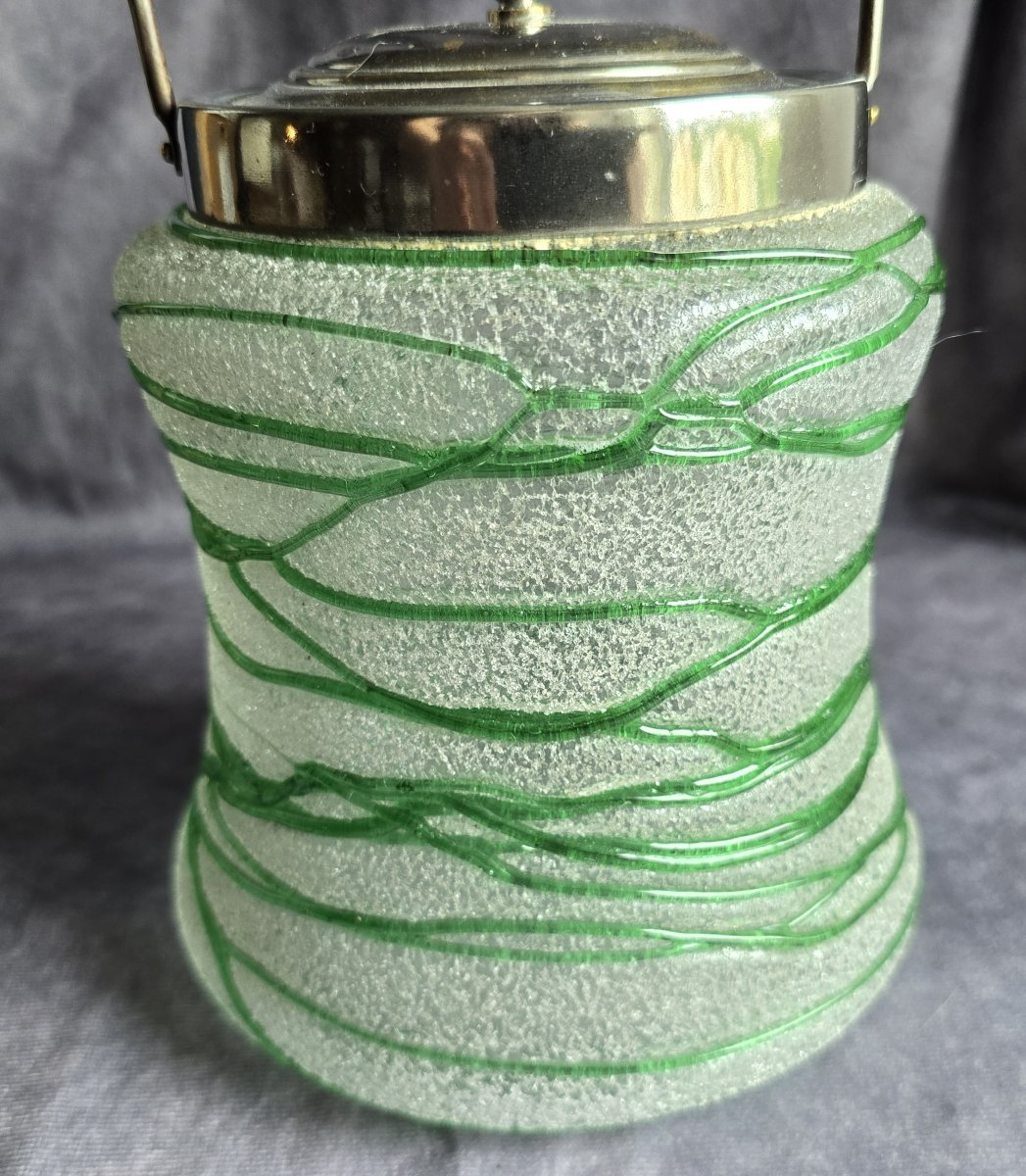 Antico secchiello per biscotti ivetro boemo Pallme‑Konig,  decoro  filigrana verde – circa 1900-photo-4