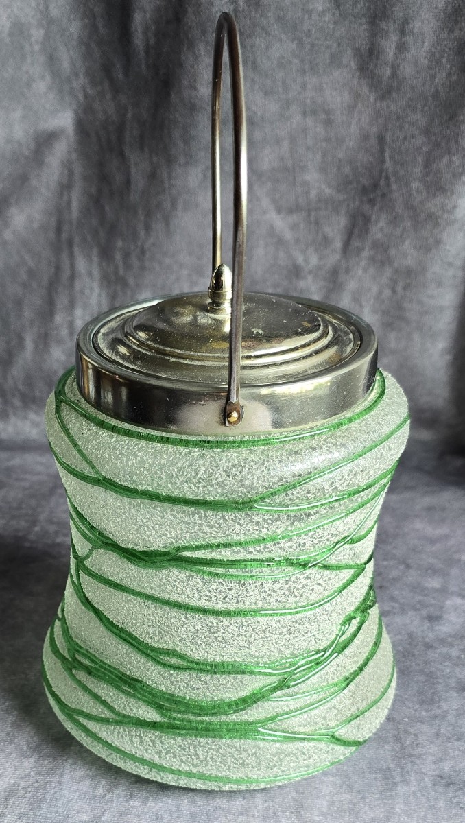Antico secchiello per biscotti ivetro boemo Pallme‑Konig,  decoro  filigrana verde – circa 1900-photo-1