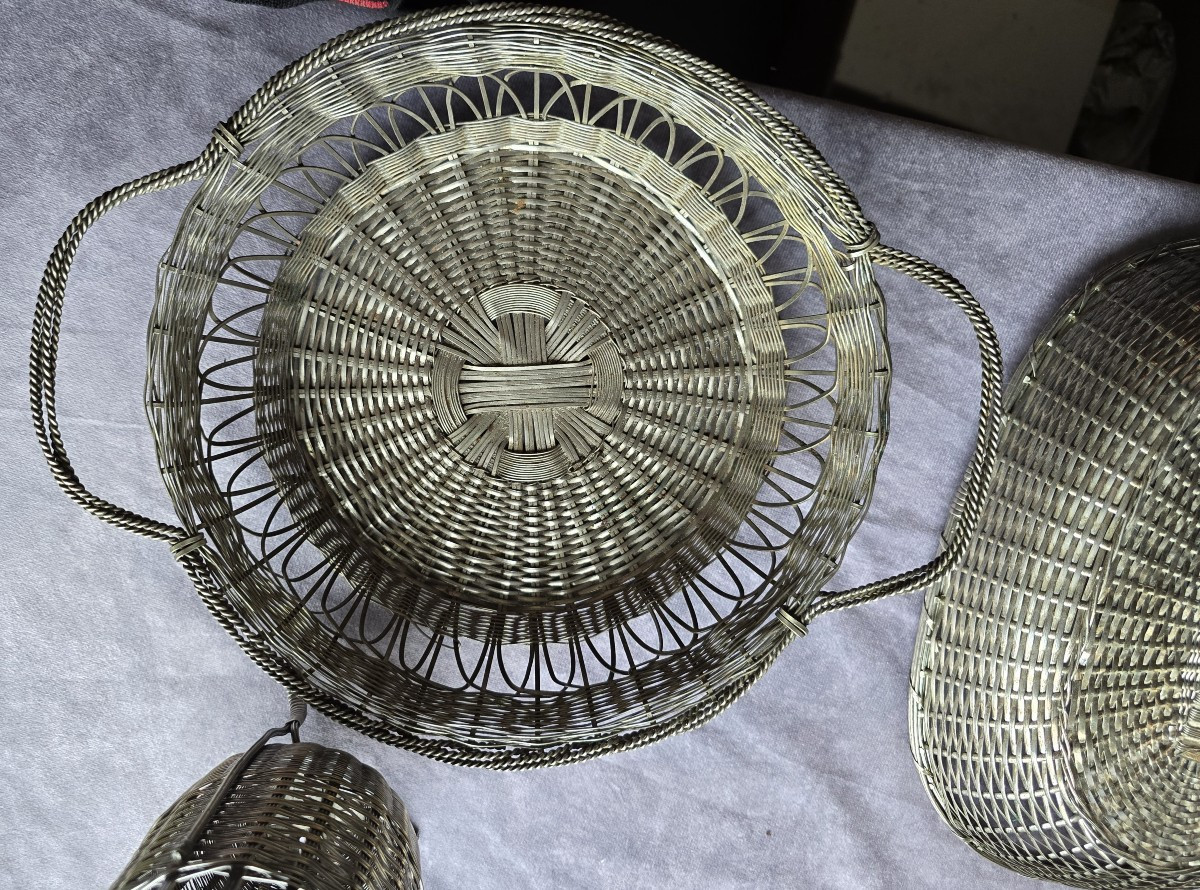Insieme di 4 antichi cestini in metallo intrecciato argentato-photo-4
