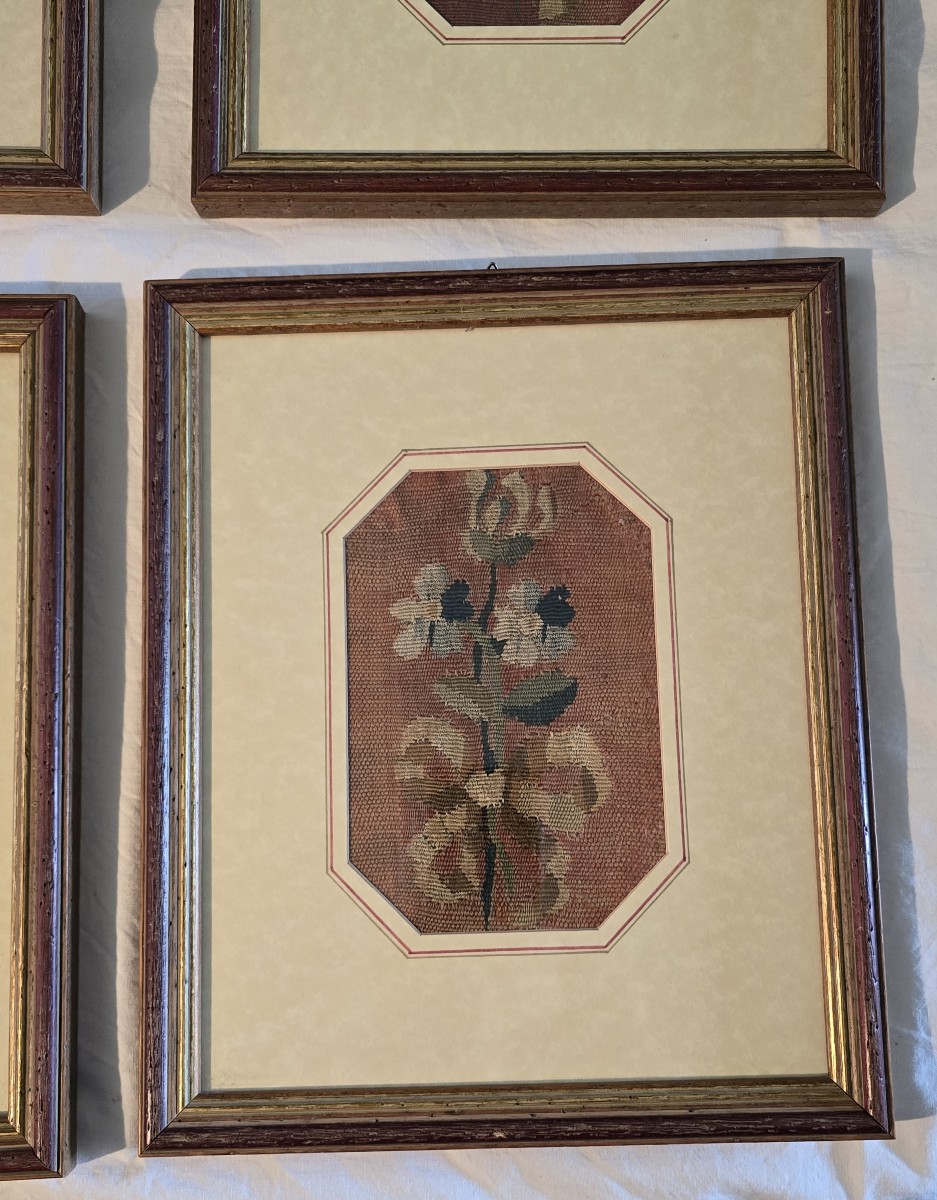 Quattro frammenti di arazzo di Aubusson incorniciati, XVIII secolo-photo-5