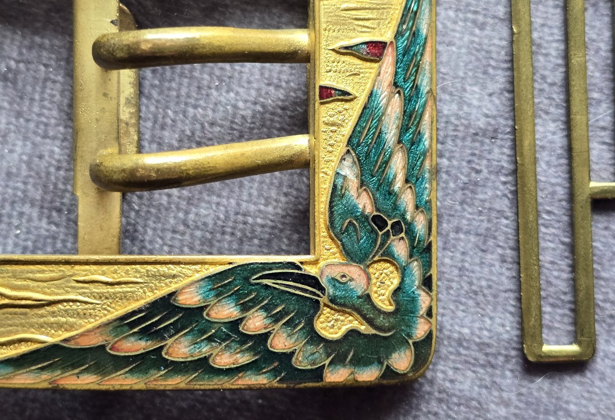 Fibbia Art Nouveau in metallo con smalti cloisonné, Francia fine XIX secolo-photo-2
