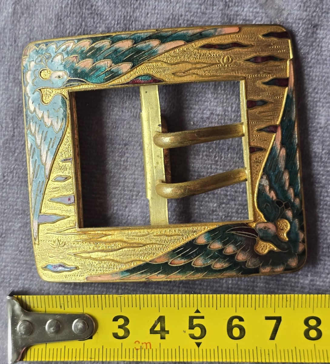 Fibbia Art Nouveau in metallo con smalti cloisonné, Francia fine XIX secolo-photo-2