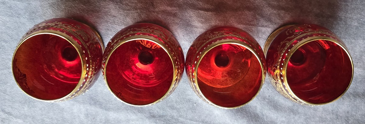 Judaica  4 antichi bicchierini rossi con decorazioni  oro e smalto,  Murano anni '60-photo-4