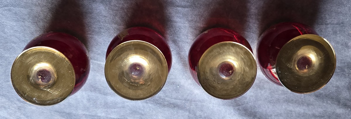 Judaica  4 antichi bicchierini rossi con decorazioni  oro e smalto,  Murano anni '60-photo-1