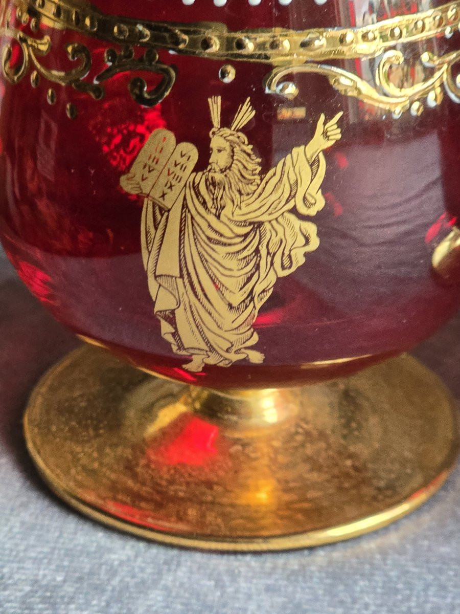 Judaica  4 antichi bicchierini rossi con decorazioni  oro e smalto,  Murano anni '60-photo-2