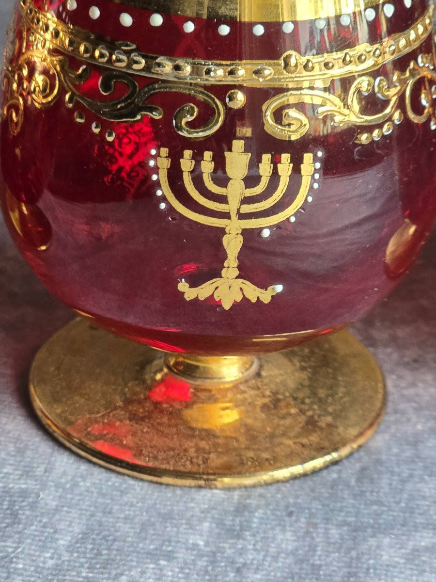 Judaica  4 antichi bicchierini rossi con decorazioni  oro e smalto,  Murano anni '60-photo-3