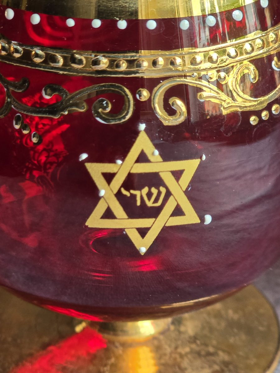 Judaica  4 antichi bicchierini rossi con decorazioni  oro e smalto,  Murano anni '60-photo-4