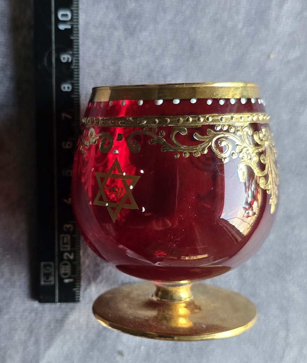 Judaica  4 antichi bicchierini rossi con decorazioni  oro e smalto,  Murano anni '60-photo-6
