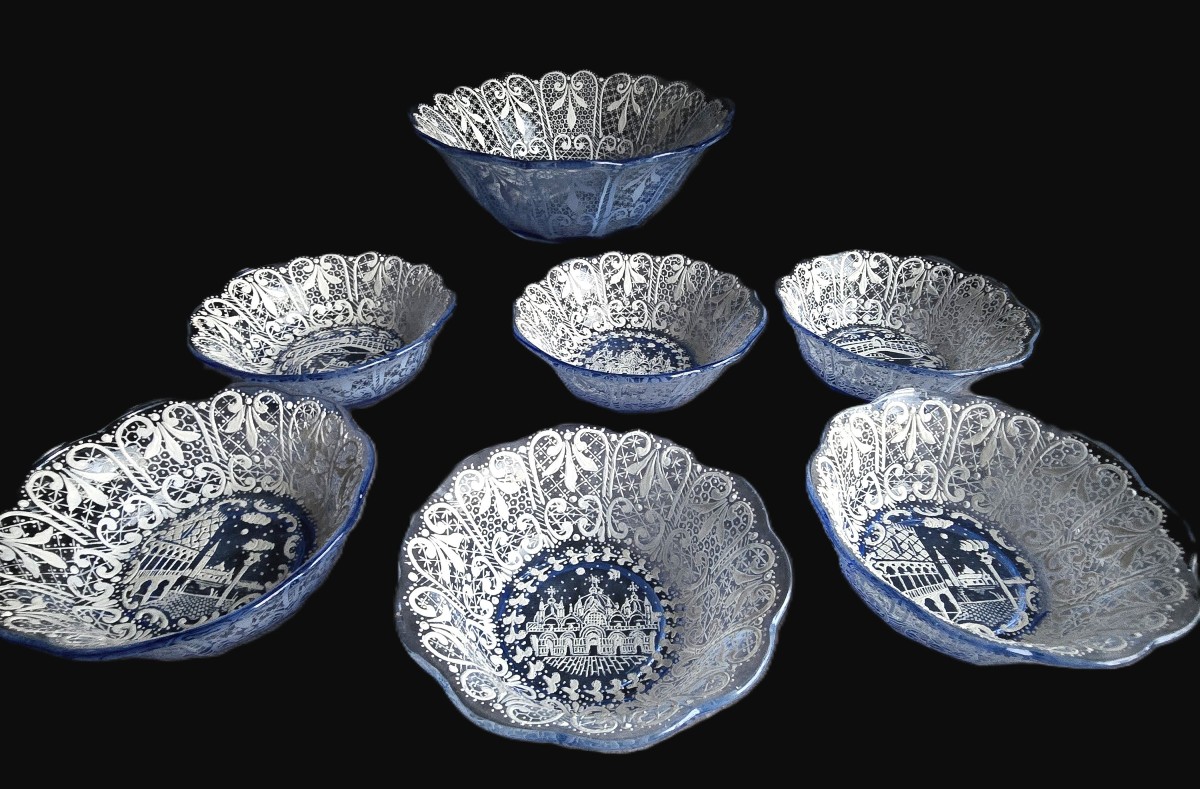 Antico servizio da macedonia in 7 pezzi in vetro smaltato – Venezia, anni '60