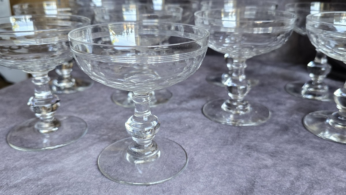 10 antiche coppe da champagne in cristallo Baccarat  modello Chauny Écailles et Filet-photo-2