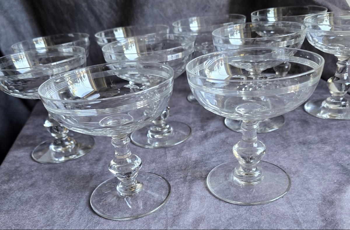 10 antiche coppe da champagne in cristallo Baccarat  modello Chauny Écailles et Filet