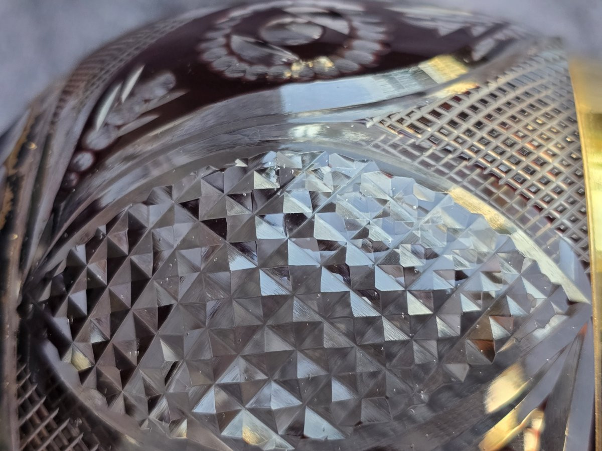 Coppia di antichi calici in cristallo di Boemia, intagliati e dorati-photo-4