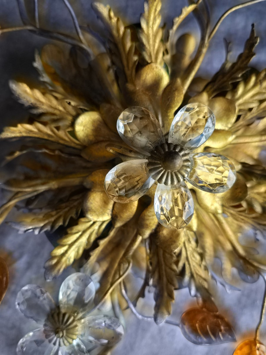 Antica plafoniera Banci in ferro dorato, cristalli e cabochon di vetro-photo-2