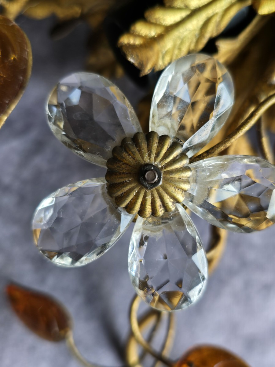 Antica plafoniera Banci in ferro dorato, cristalli e cabochon di vetro-photo-3