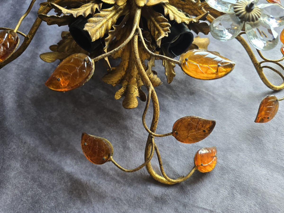 Antica plafoniera Banci in ferro dorato, cristalli e cabochon di vetro-photo-1