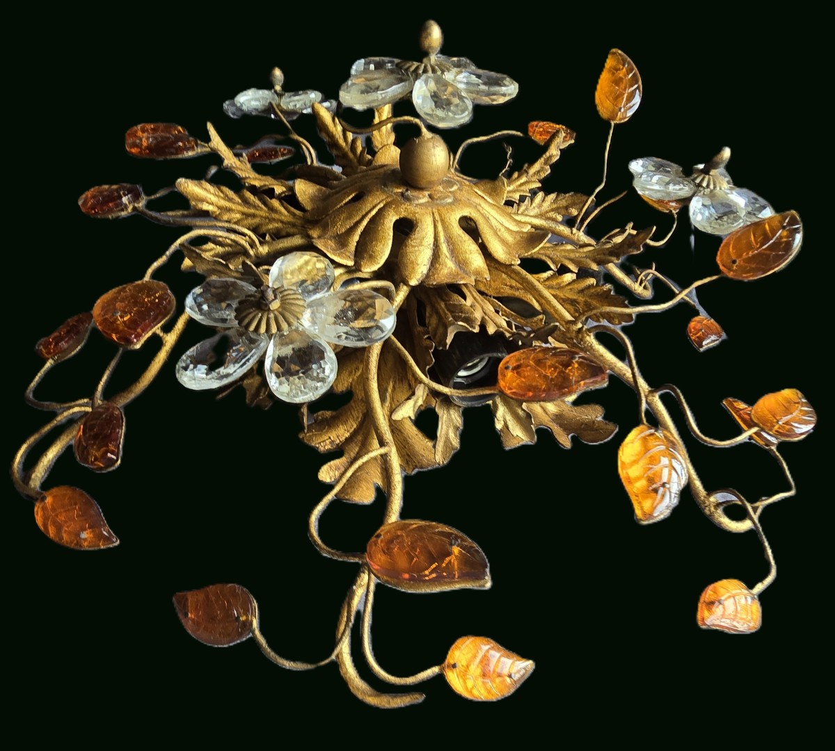 Antica plafoniera Banci in ferro dorato, cristalli e cabochon di vetro-photo-5